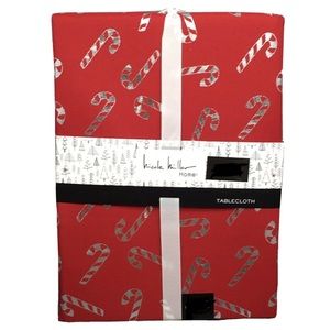 Nicole Miller Candy Cane Tablecloth Christmas Holiday Red Silver Foil 60x84”
